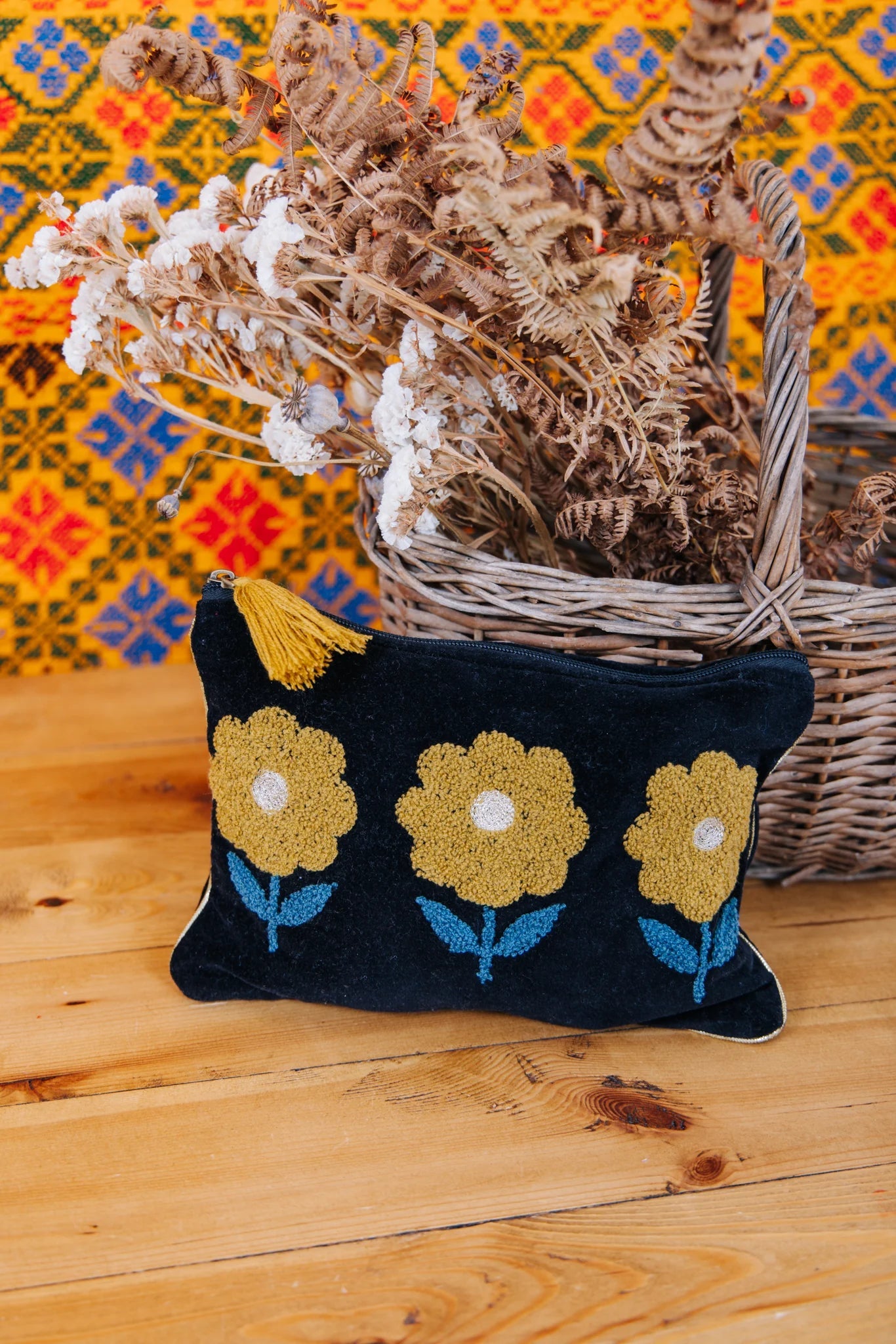 Flower Pouch | Black Pouch Pink Lemons 