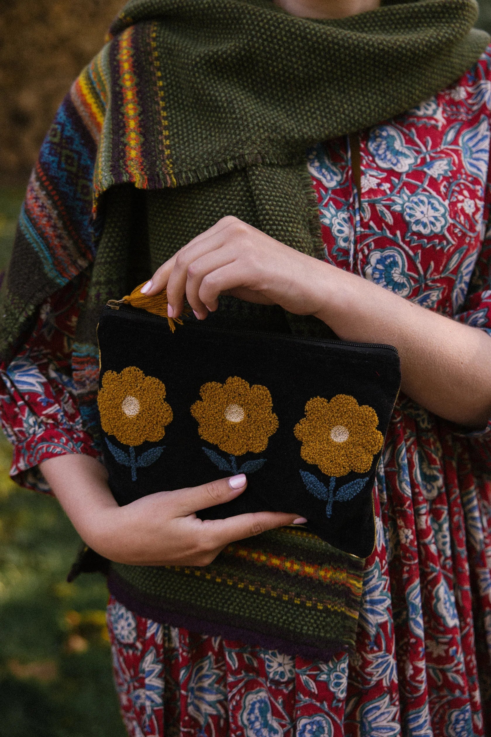 Flower Pouch | Black Pouch Pink Lemons Large 