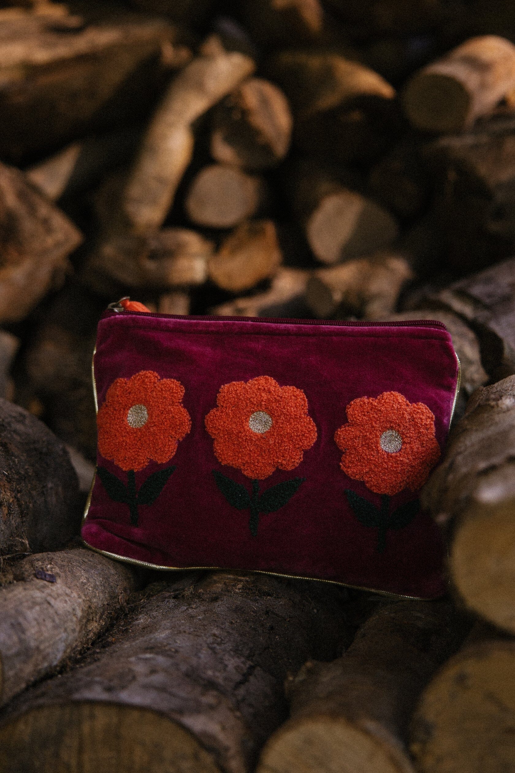 Flower Pouch | Burgundy Pouch Pink Lemons 