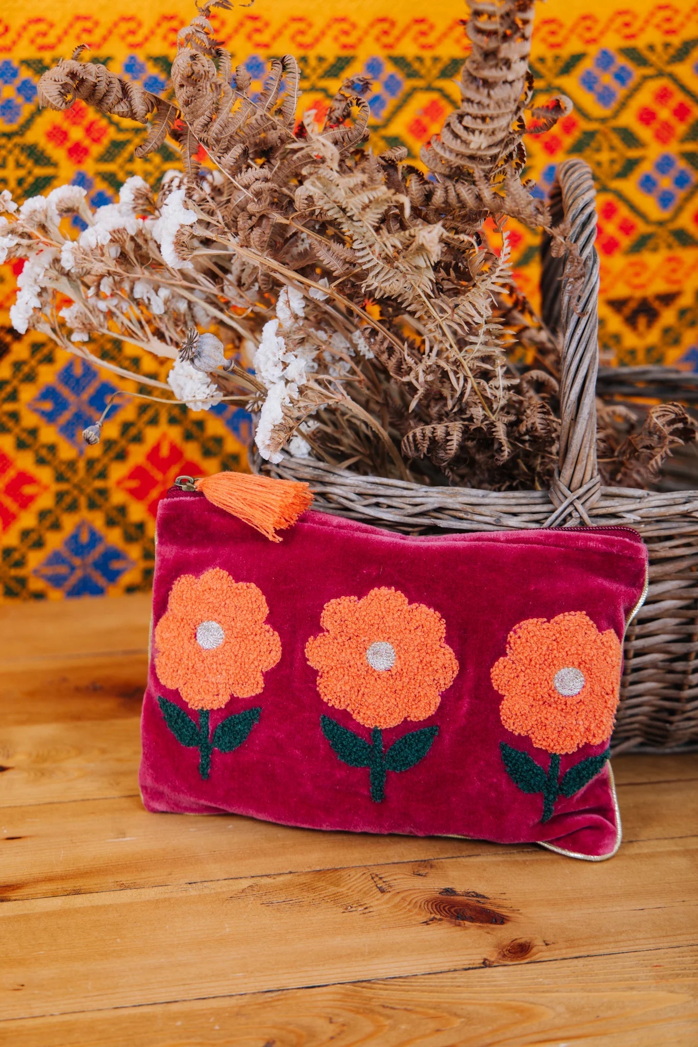 Flower Pouch | Burgundy Pouch Pink Lemons 