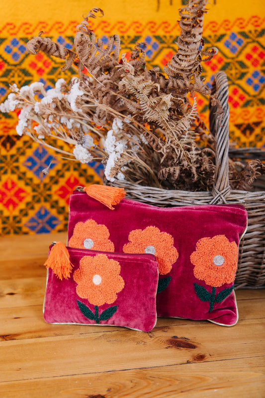 Flower Pouch | Burgundy Pouch Pink Lemons 