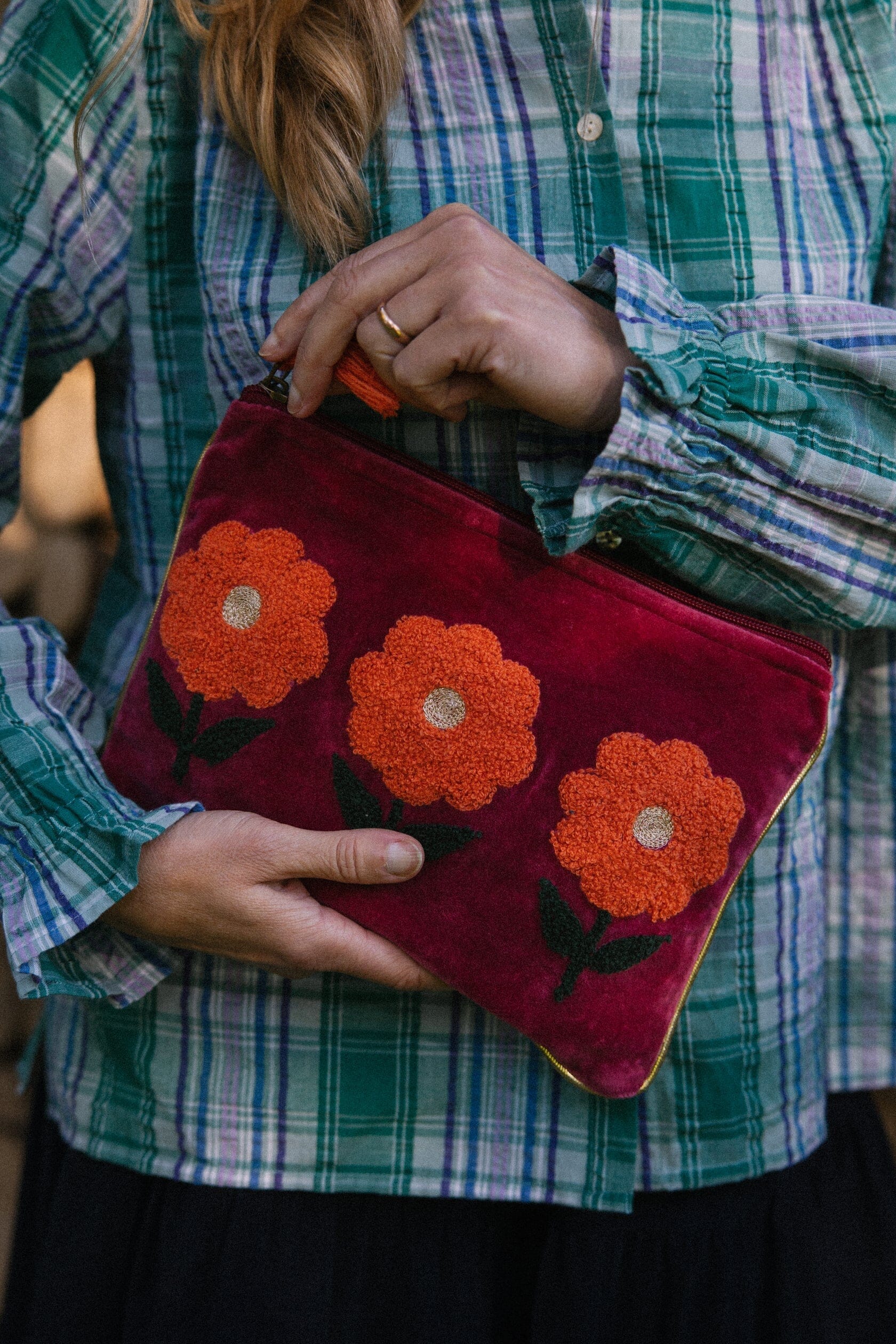 Flower Pouch | Burgundy Pouch Pink Lemons 