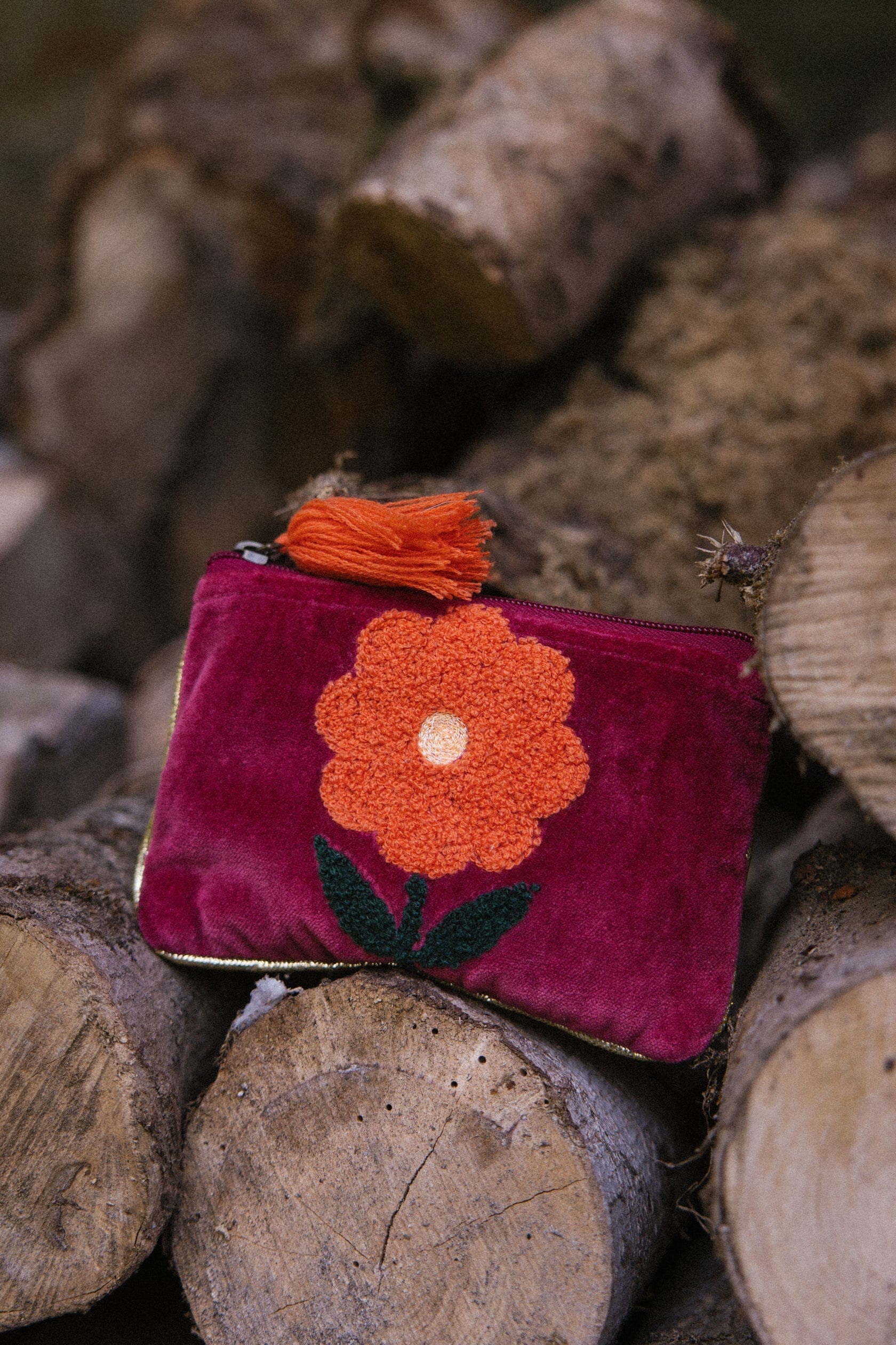 Flower Pouch | Burgundy Pouch Pink Lemons 