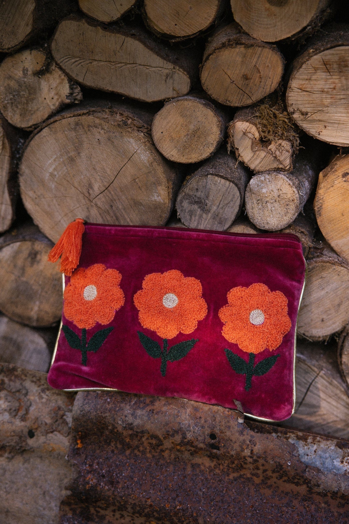 Flower Pouch | Burgundy Pouch Pink Lemons 