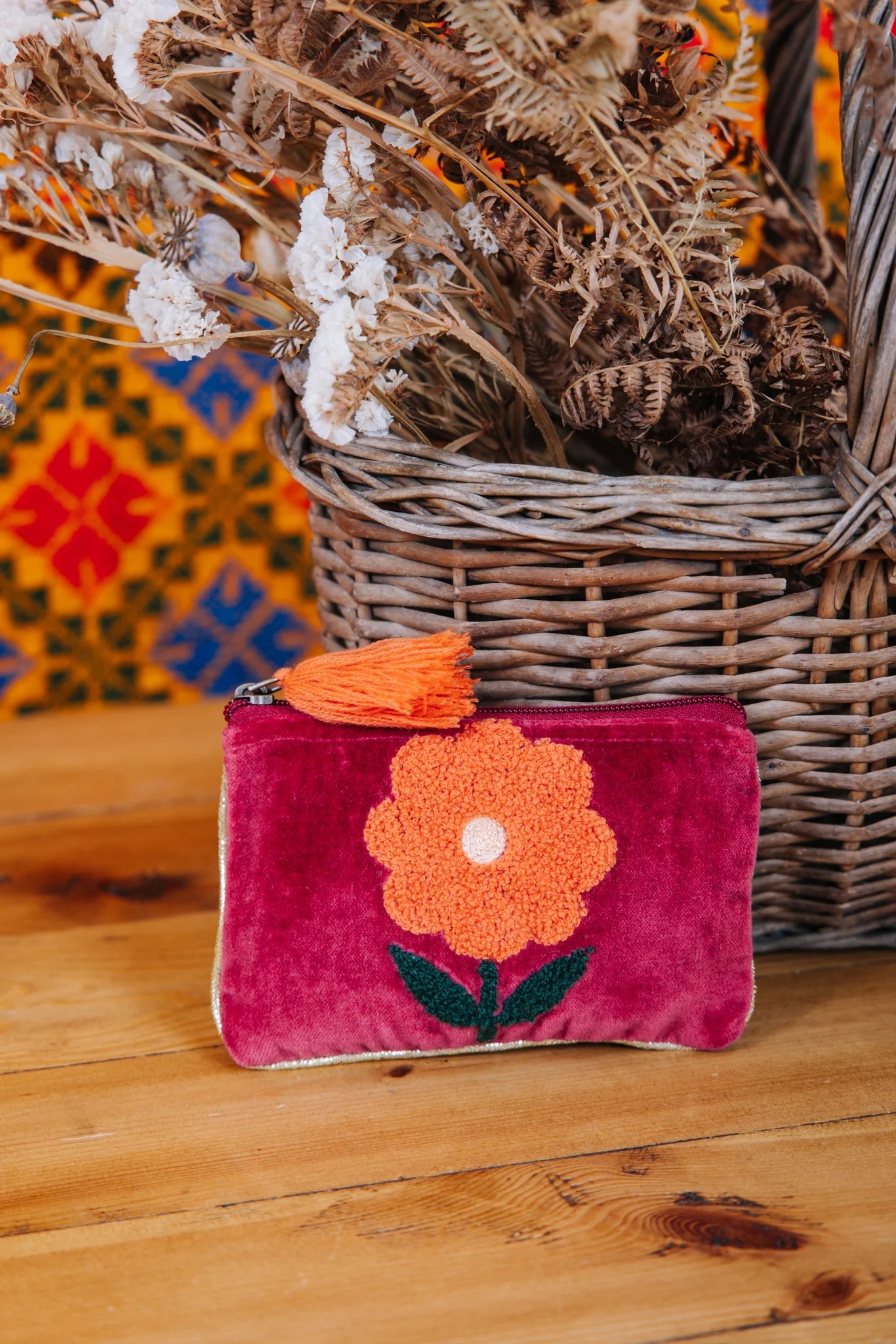 Flower Pouch | Burgundy Pouch Pink Lemons 