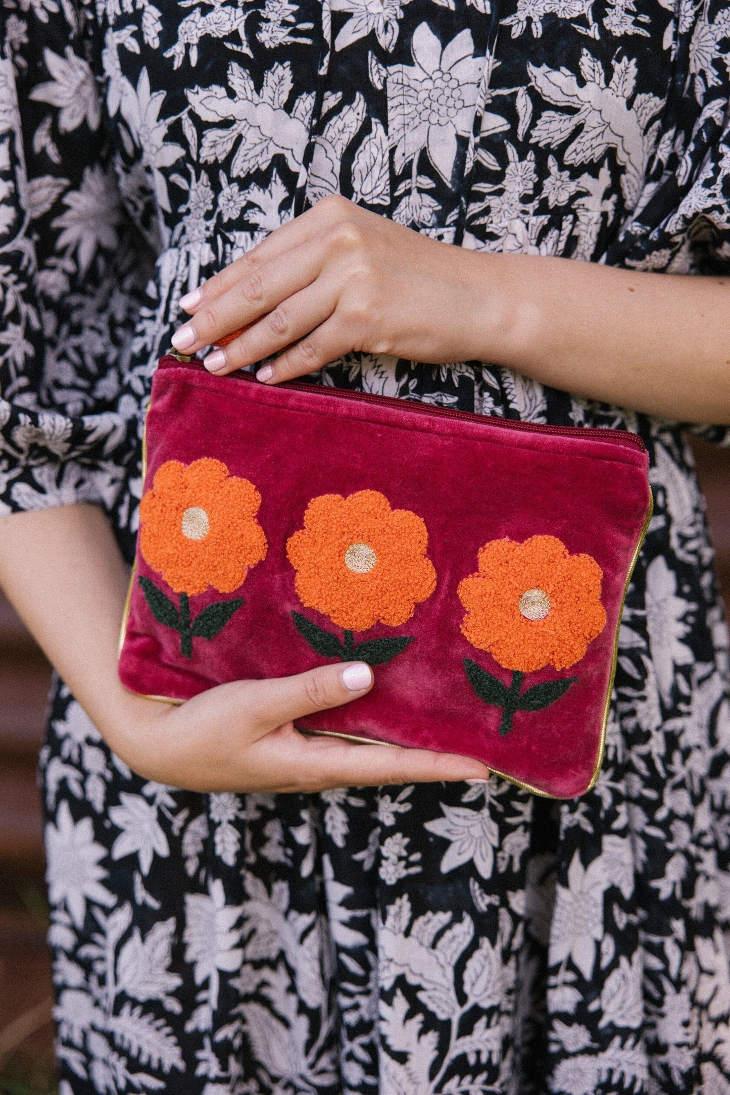 Flower Pouch | Burgundy Pouch Pink Lemons Large 