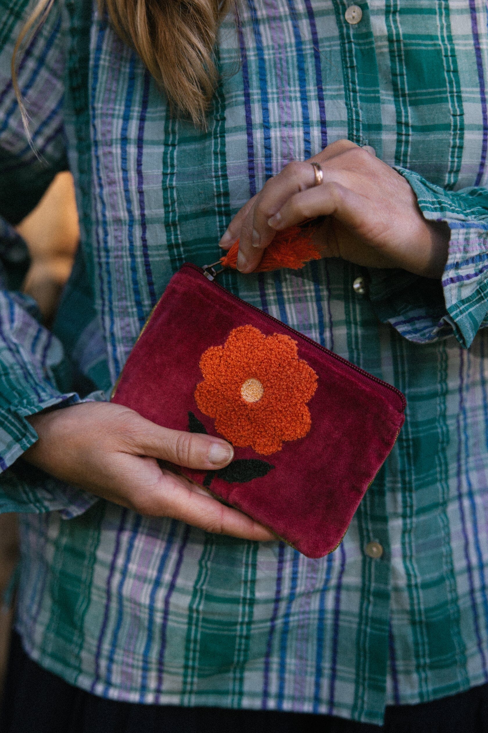 Flower Pouch | Burgundy Pouch Pink Lemons Small 