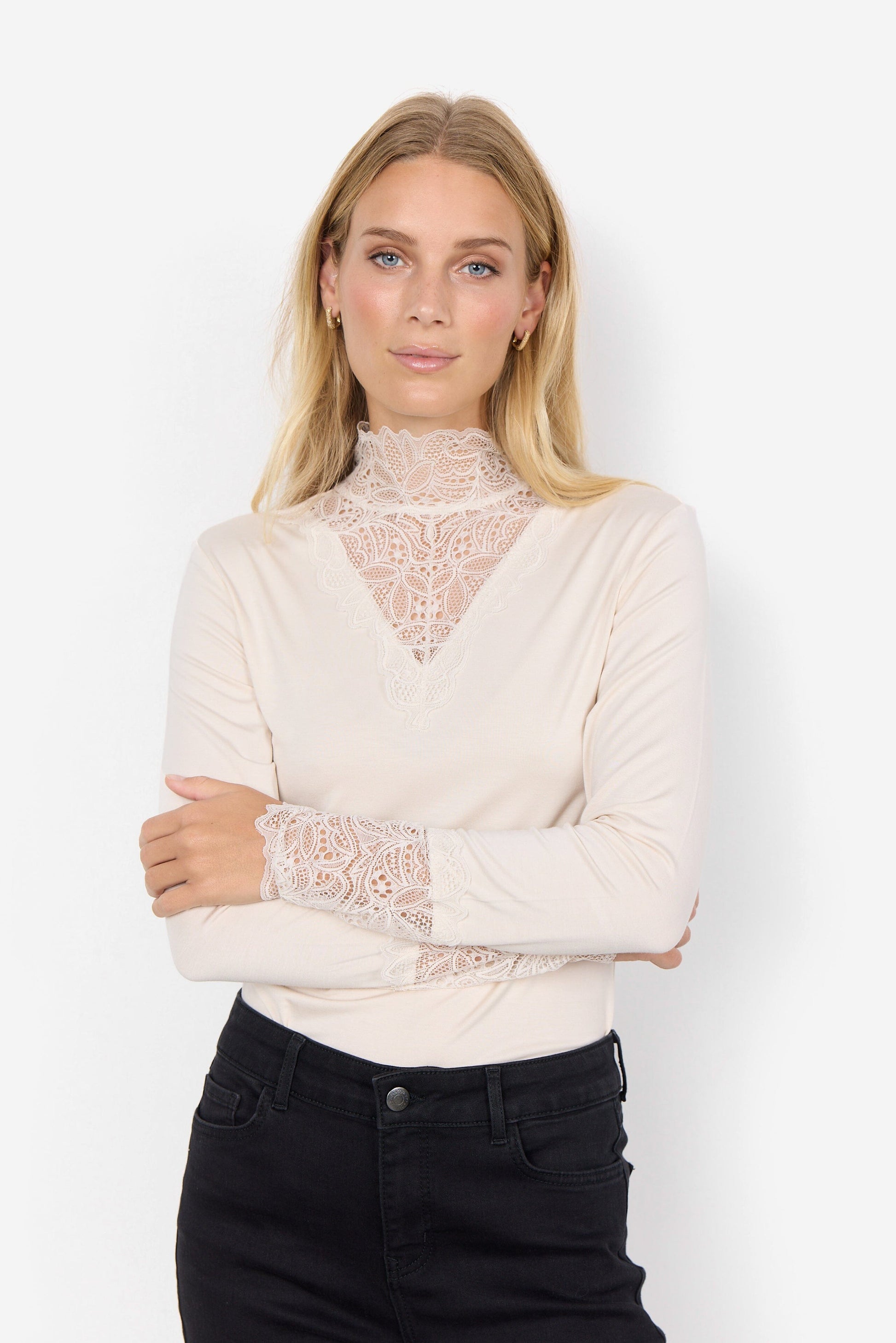 Marica Lace High Neck Top | Cream Blouse Soya Concept 