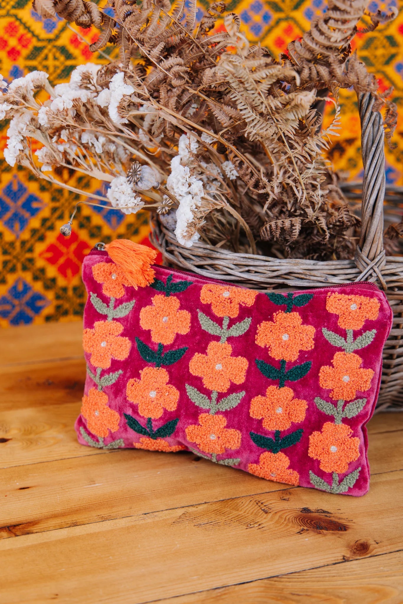 Multiflower Pouch | Burgundy Pouch Pink Lemons 