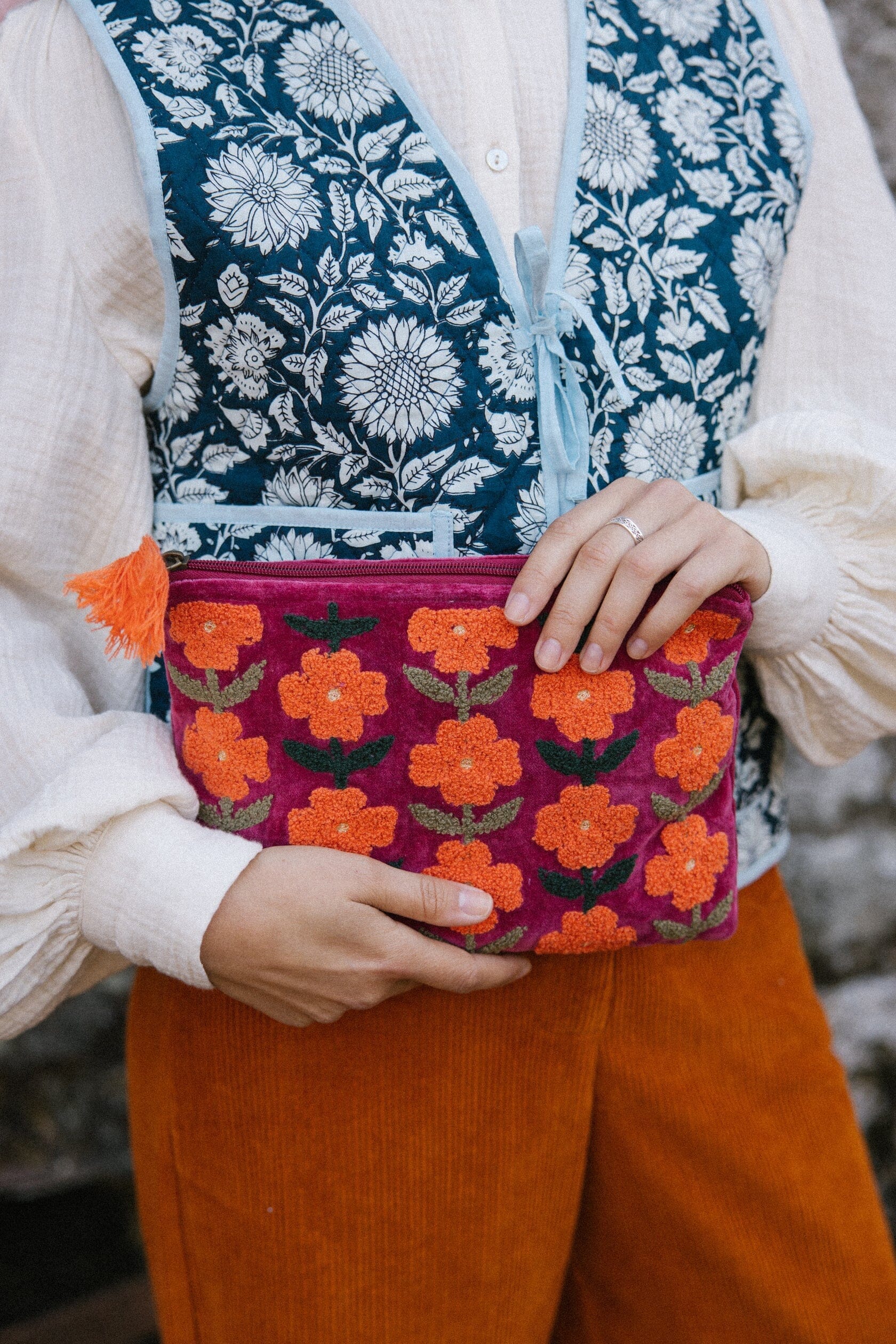 Multiflower Pouch | Burgundy Pouch Pink Lemons 