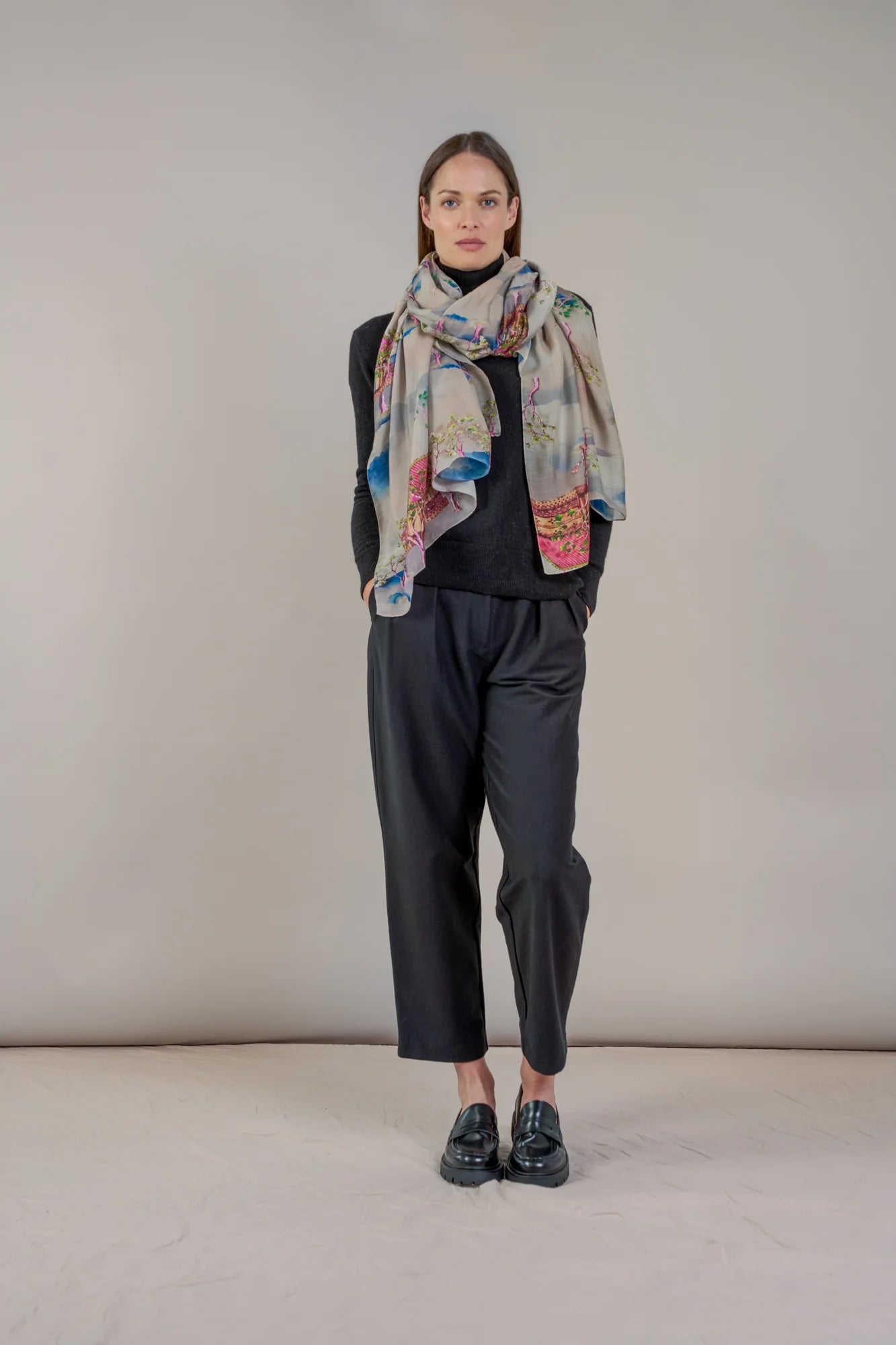 Scarf | Oriental Landscape | Grey Scarves One Hundred Stars 