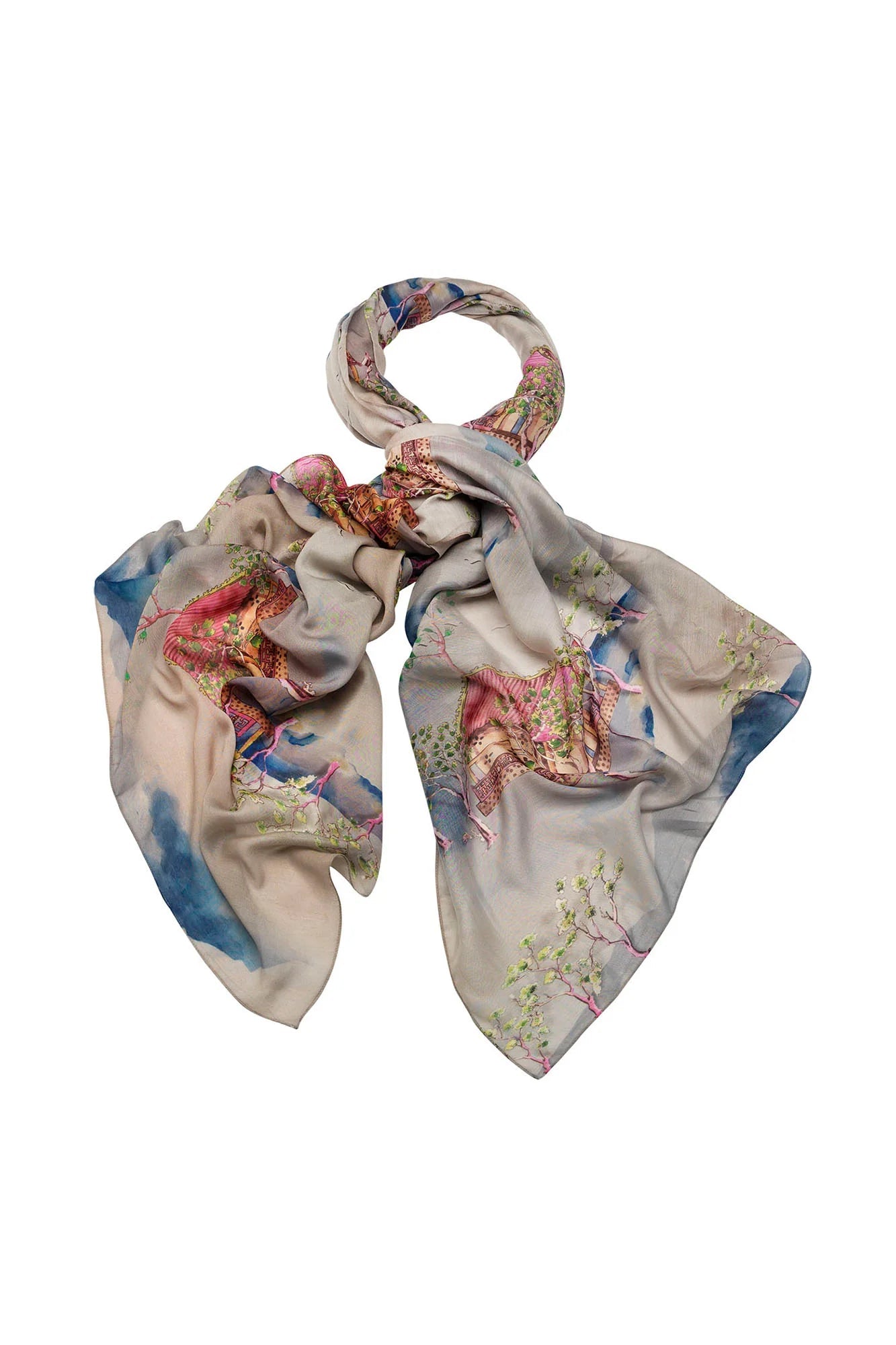 Scarf | Oriental Landscape | Grey Scarves One Hundred Stars 