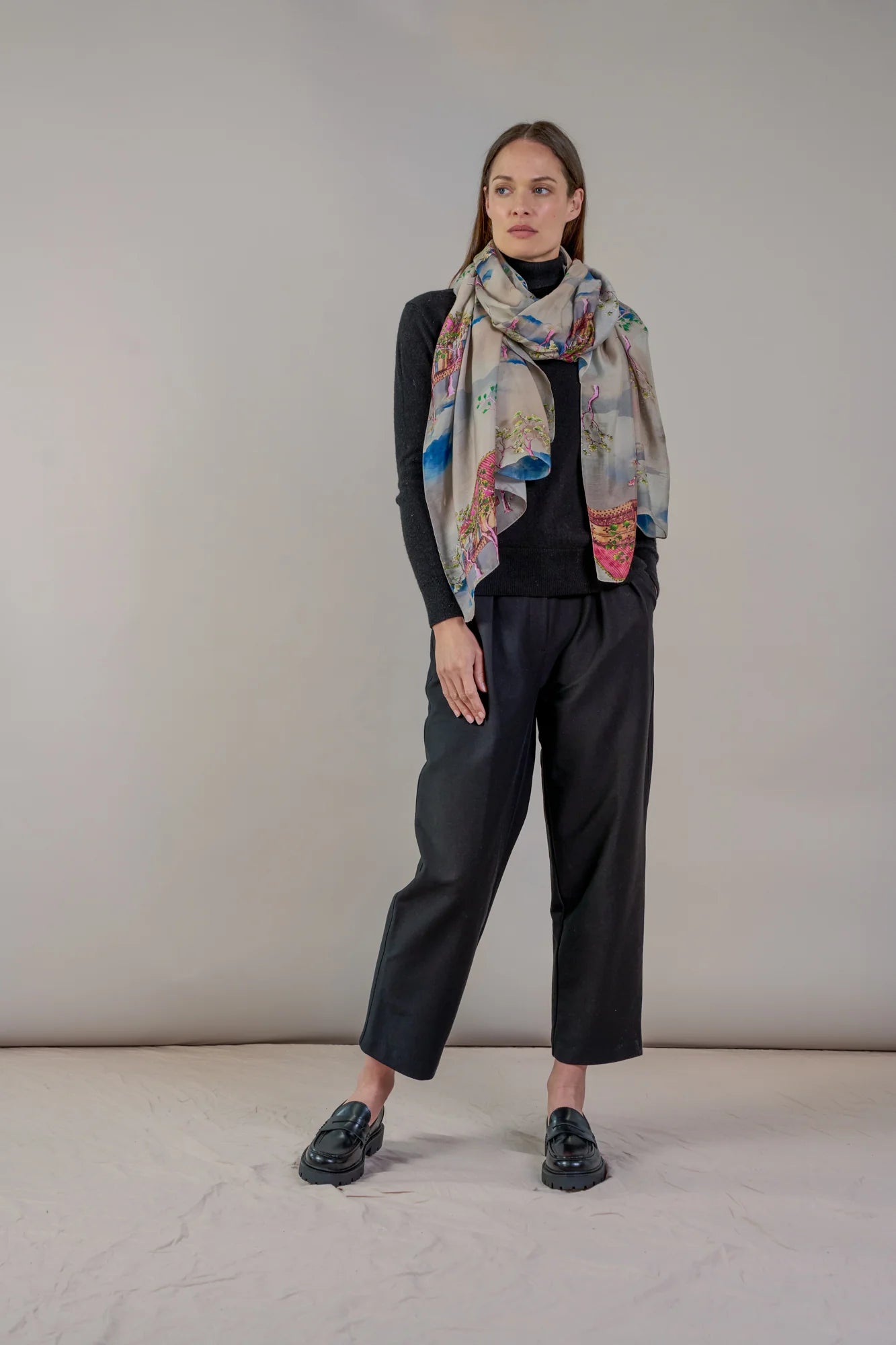 Scarf | Oriental Landscape | Grey Scarves One Hundred Stars 